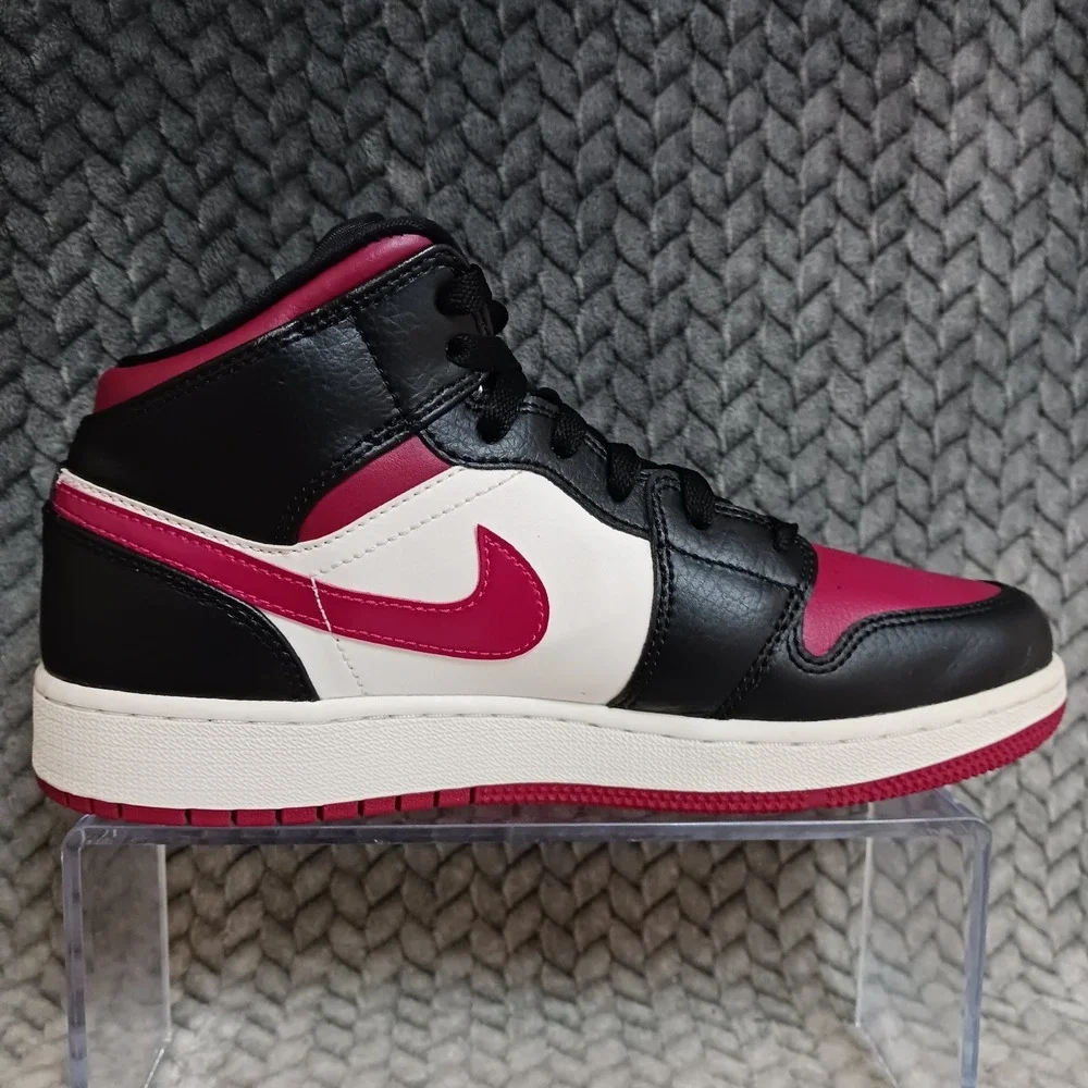 Jordan 1 Mid Bred Toe GS Black Noble Red Youth Basketball Sneakers Shoes Size 6Y